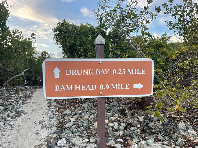 Trail sign toward Ram Head and Drunk Bay in the Salt Pond area, St. John